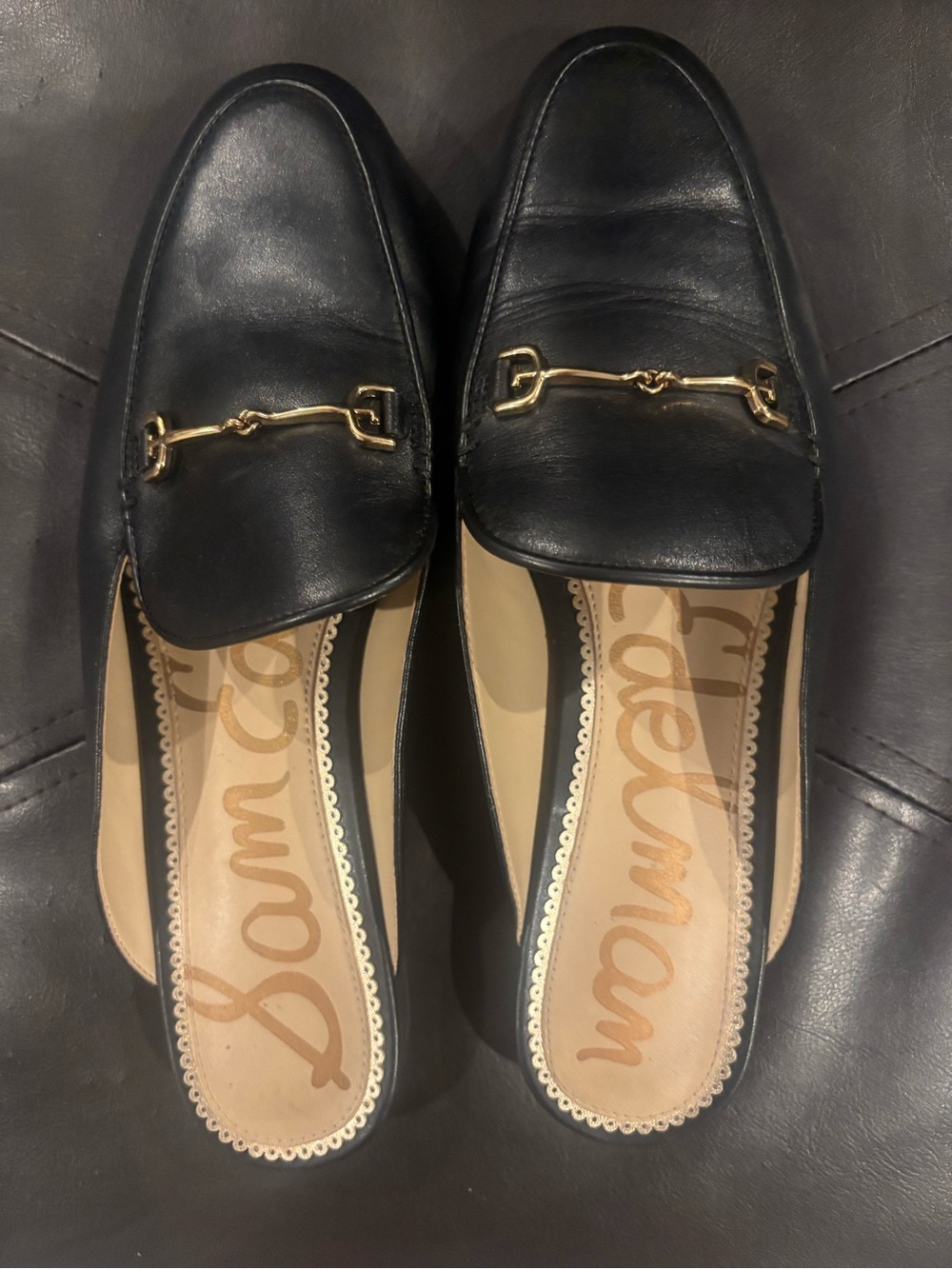 Sam Edelman Black Leather Mule Loafers with Gold Horsebit